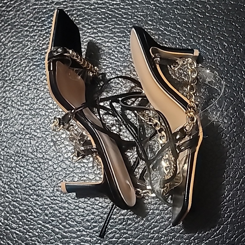 Sexy Black and Gold Chain Crossover Ankle Strap Heels Shoes - Picture 5 of 7